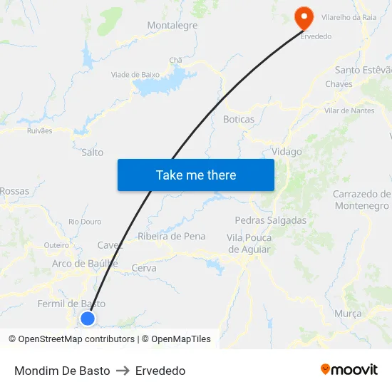 Mondim De Basto to Ervededo map