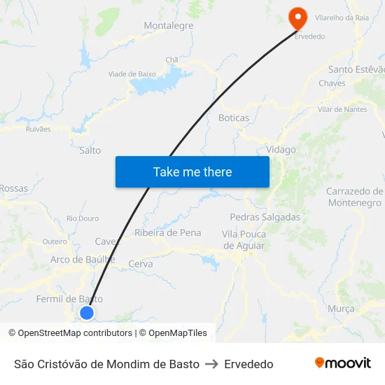 São Cristóvão de Mondim de Basto to Ervededo map
