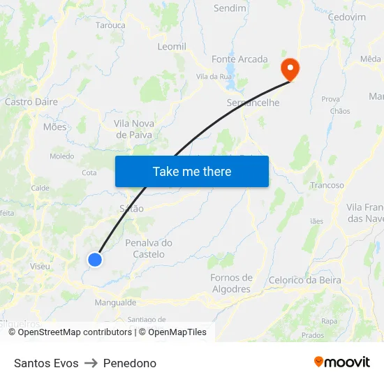 Santos Evos to Penedono map