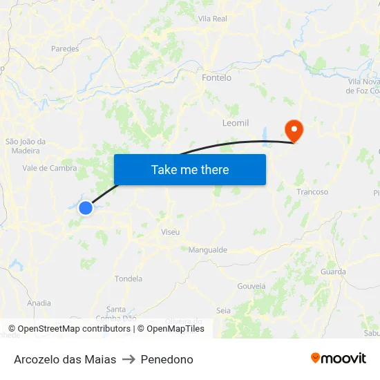Arcozelo das Maias to Penedono map