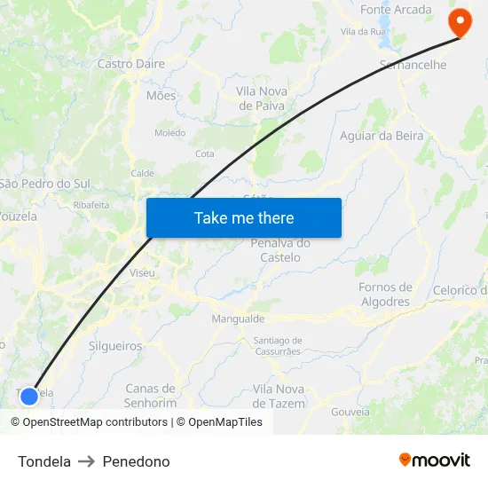 Tondela to Penedono map