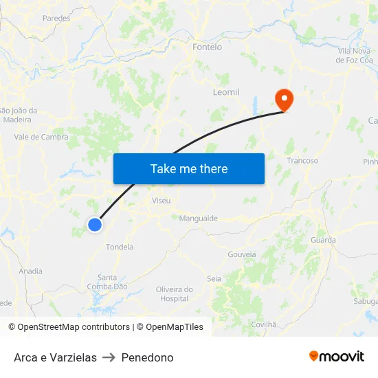Arca e Varzielas to Penedono map