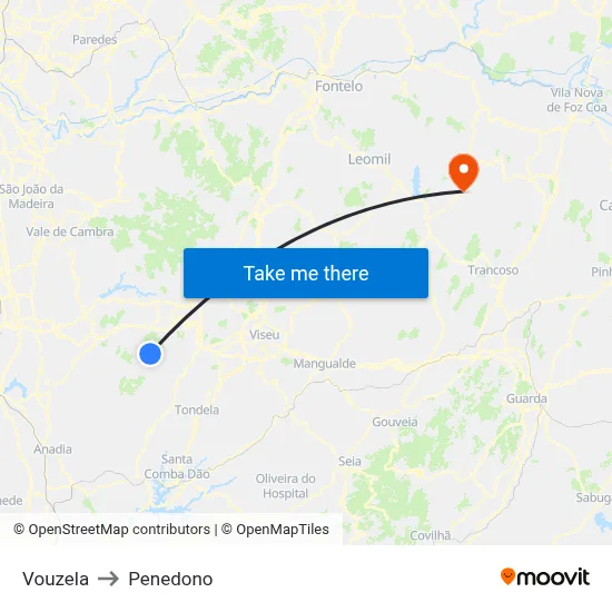 Vouzela to Penedono map