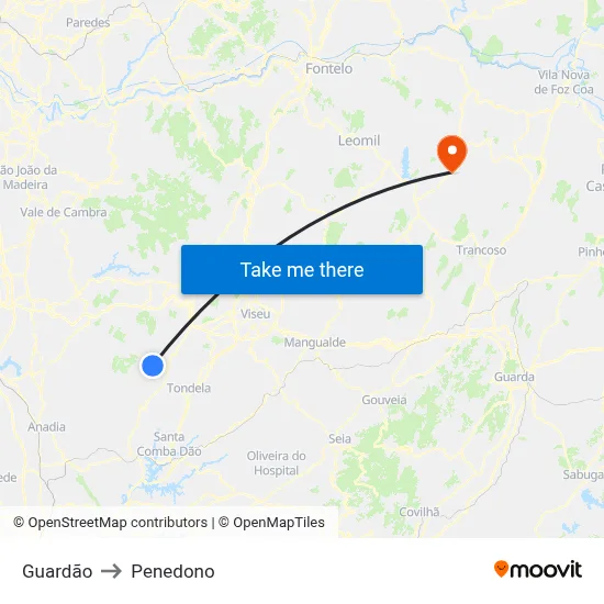 Guardão to Penedono map