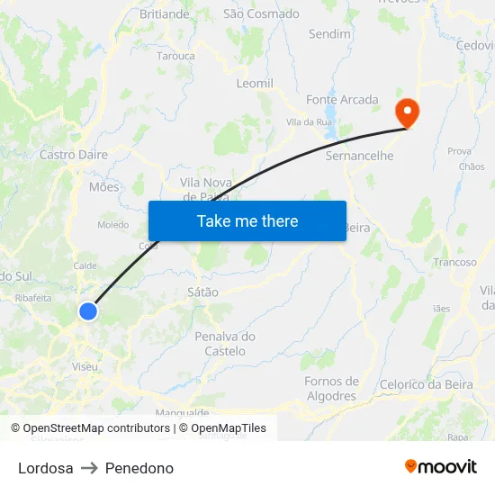 Lordosa to Penedono map