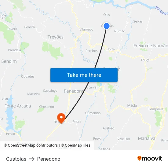 Custoias to Penedono map