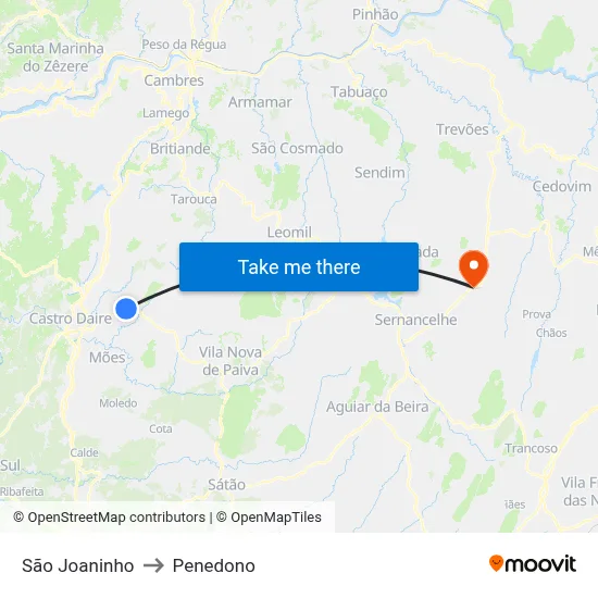 São Joaninho to Penedono map