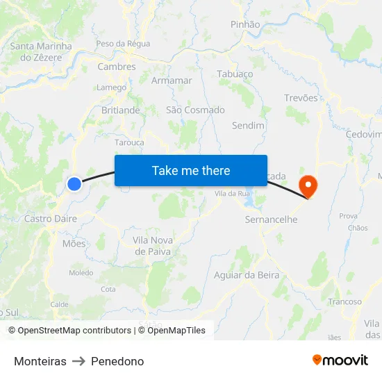 Monteiras to Penedono map