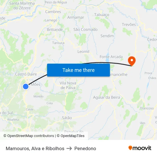 Mamouros, Alva e Ribolhos to Penedono map