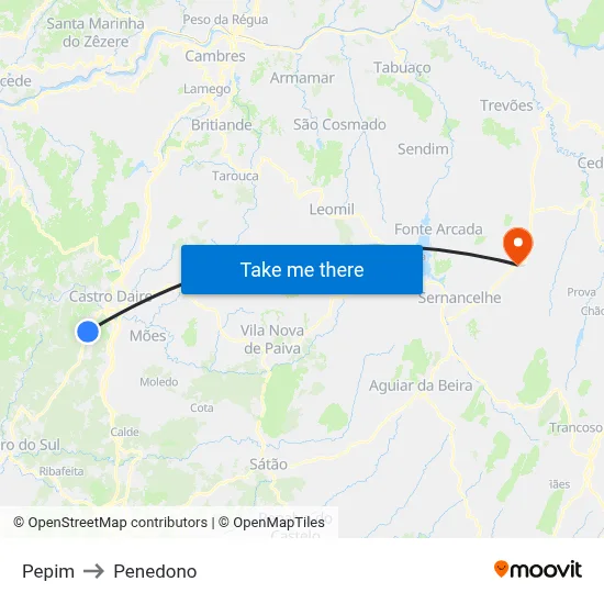 Pepim to Penedono map