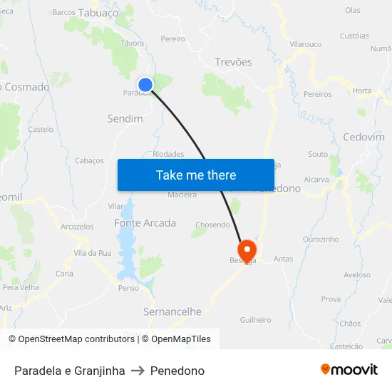 Paradela e Granjinha to Penedono map
