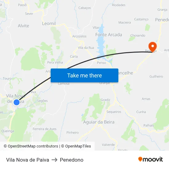 Vila Nova de Paiva to Penedono map