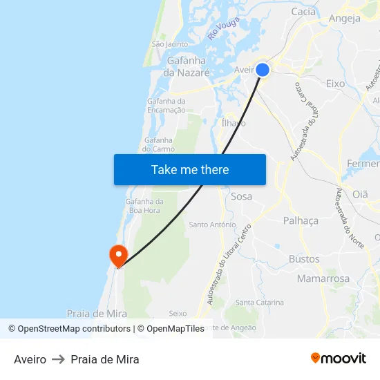 Aveiro to Praia de Mira map