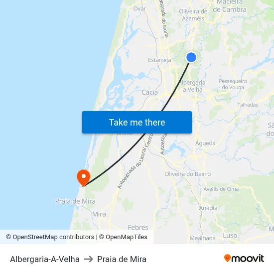 Albergaria-A-Velha to Praia de Mira map