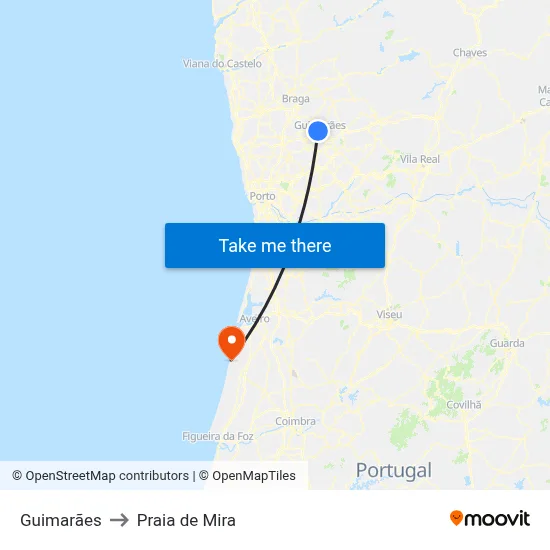 Guimarães to Praia de Mira map