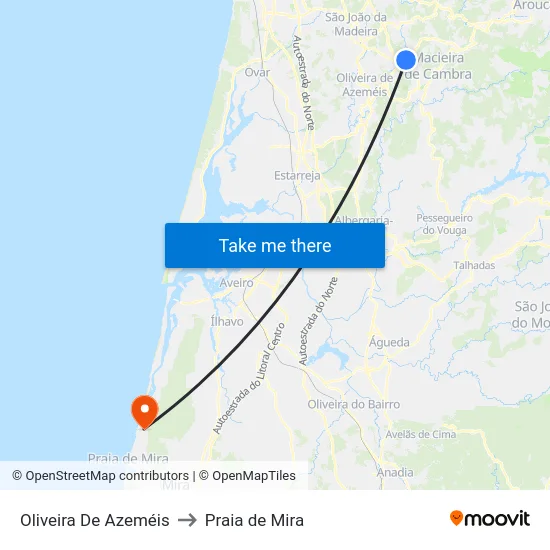 Oliveira De Azeméis to Praia de Mira map