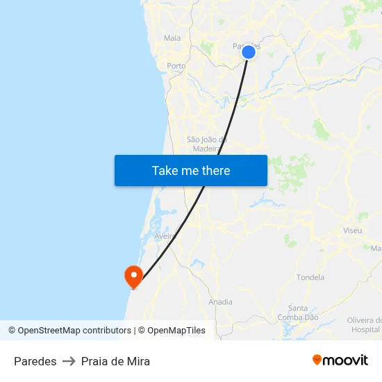Paredes to Praia de Mira map