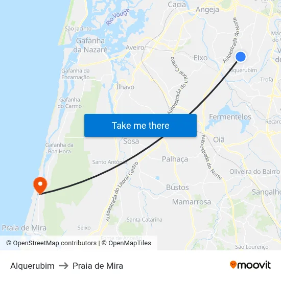 Alquerubim to Praia de Mira map