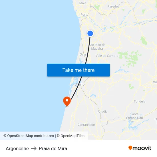 Argoncilhe to Praia de Mira map