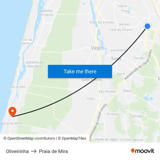Oliveirinha to Praia de Mira map
