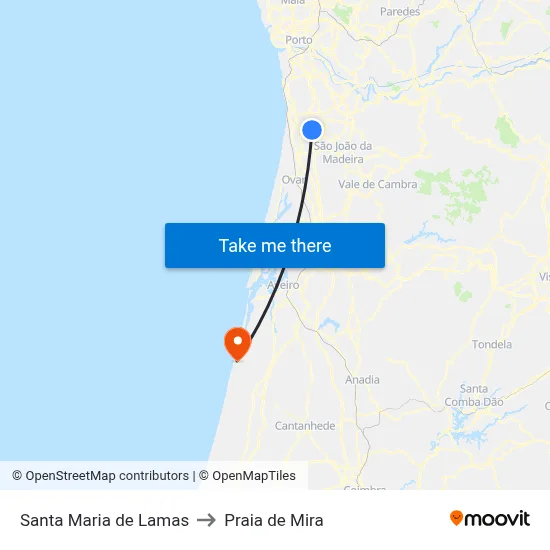 Santa Maria de Lamas to Praia de Mira map