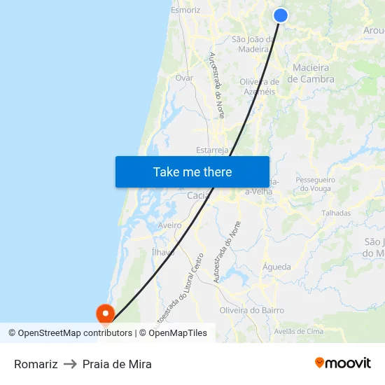 Romariz to Praia de Mira map