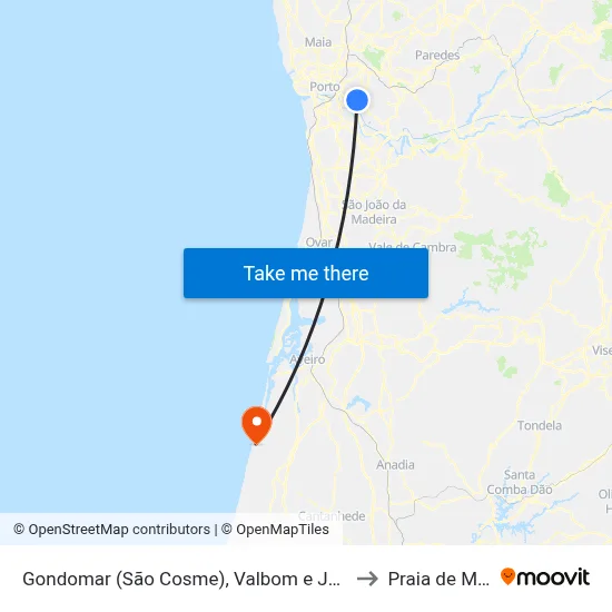 Gondomar (São Cosme), Valbom e Jovim to Praia de Mira map