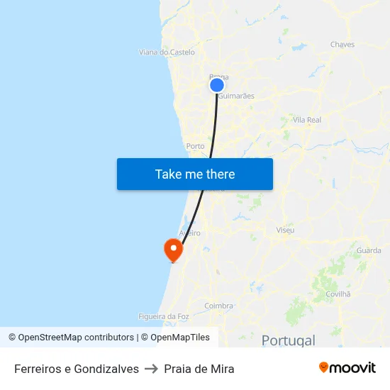Ferreiros e Gondizalves to Praia de Mira map