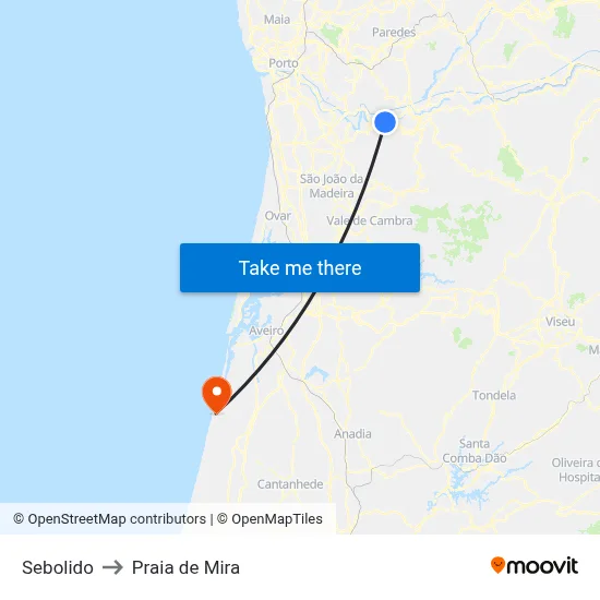 Sebolido to Praia de Mira map