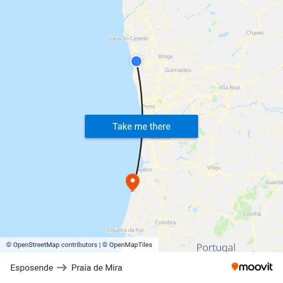 Esposende to Praia de Mira map