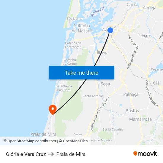 Glória e Vera Cruz to Praia de Mira map