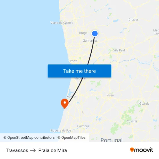 Travassos to Praia de Mira map