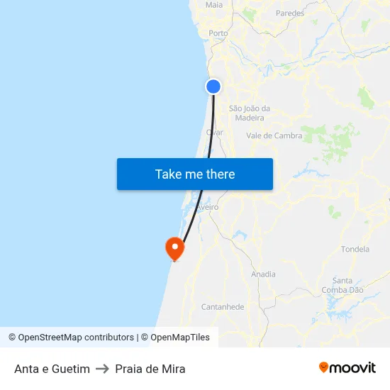 Anta e Guetim to Praia de Mira map