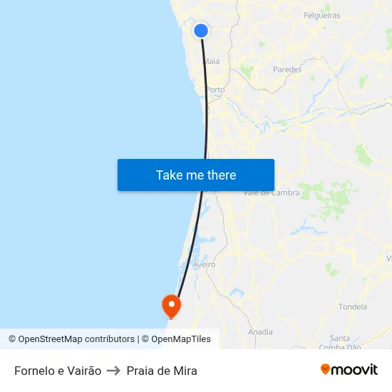 Fornelo e Vairão to Praia de Mira map