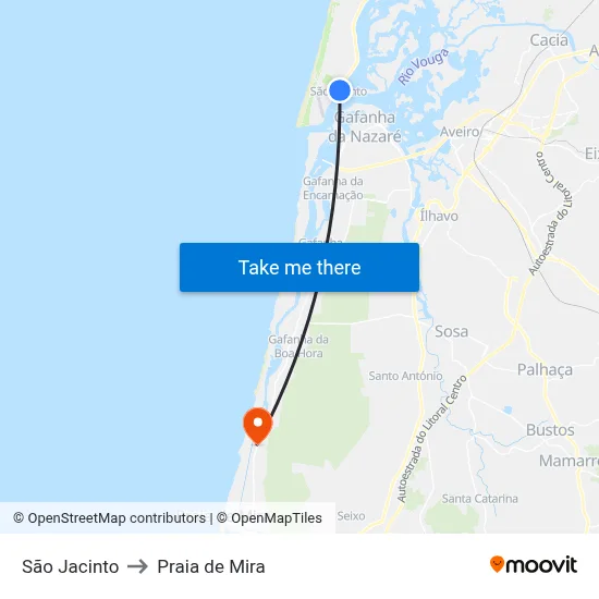 São Jacinto to Praia de Mira map