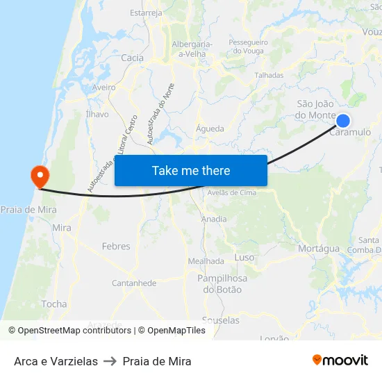 Arca e Varzielas to Praia de Mira map