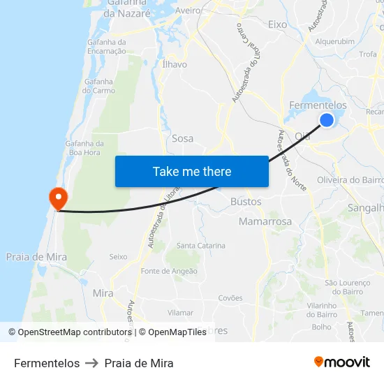 Fermentelos to Praia de Mira map