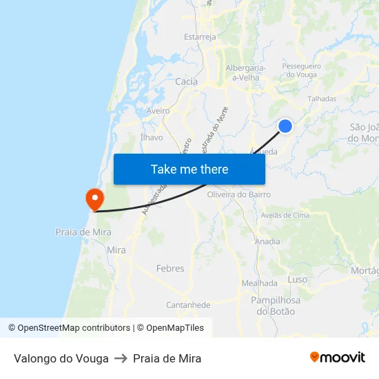 Valongo do Vouga to Praia de Mira map