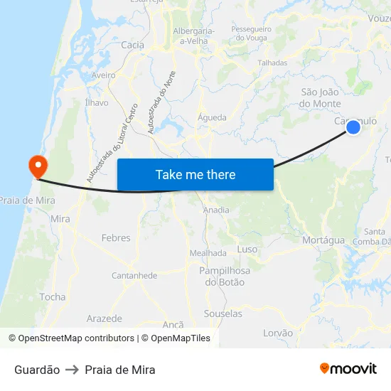 Guardão to Praia de Mira map