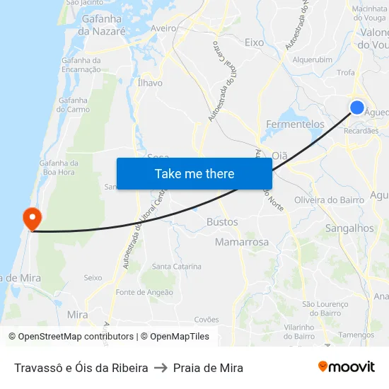 Travassô e Óis da Ribeira to Praia de Mira map