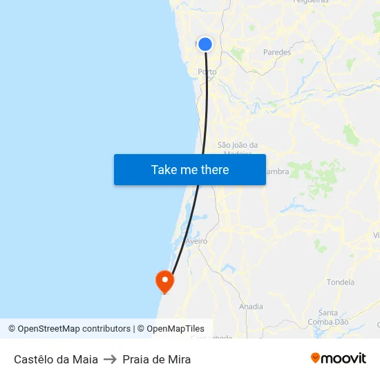 Castêlo da Maia to Praia de Mira map