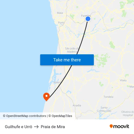 Guilhufe e Urrô to Praia de Mira map