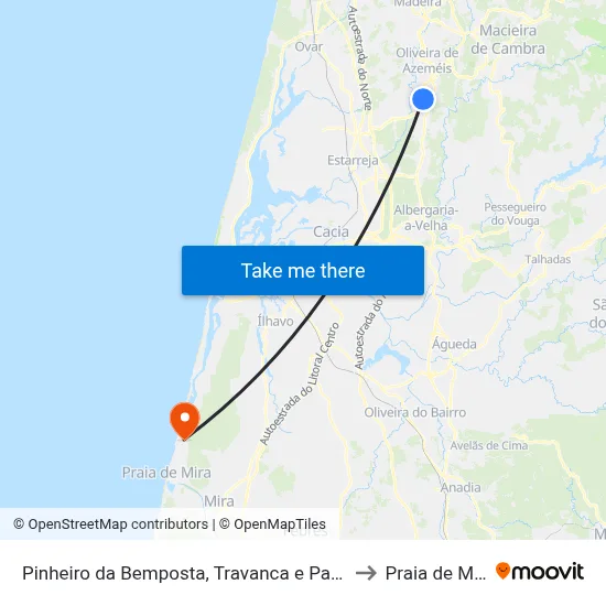 Pinheiro da Bemposta, Travanca e Palmaz to Praia de Mira map