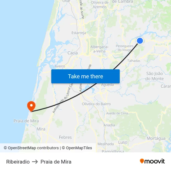 Ribeiradio to Praia de Mira map