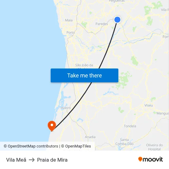 Vila Meã to Praia de Mira map