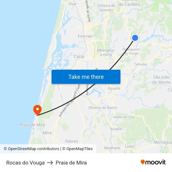 Rocas do Vouga to Praia de Mira map