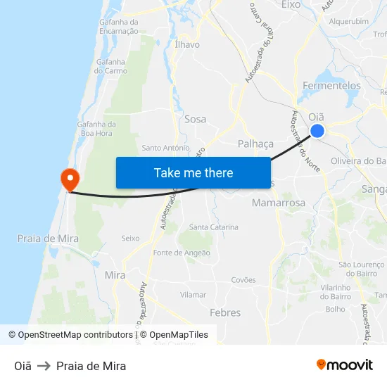 Oiã to Praia de Mira map