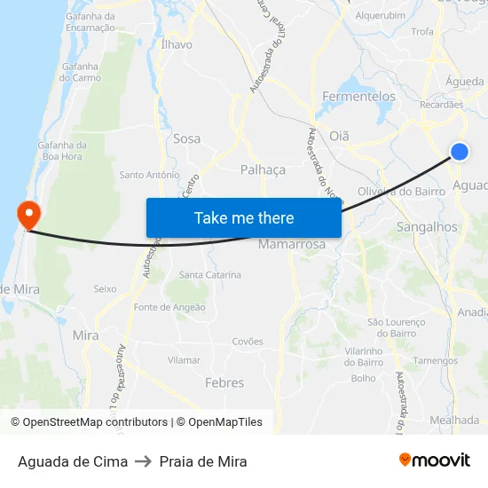Aguada de Cima to Praia de Mira map