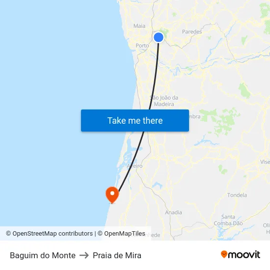 Baguim do Monte to Praia de Mira map
