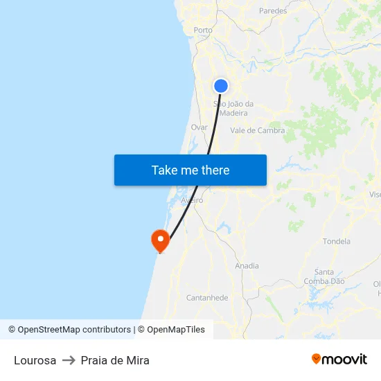 Lourosa to Praia de Mira map